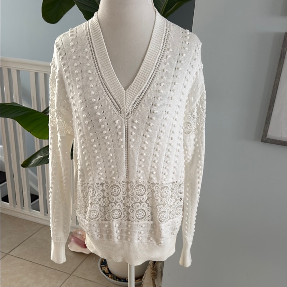 See by Chloe White V-Neck Sweater with Intricate Knit Design